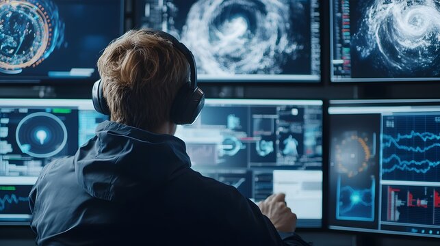 Meteorologists Analyzing Real Time Weather Data in Modern Forecasting Center