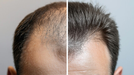 Fototapeta premium Image showing a before and after comparison of male hair restoration. The left side displays thinning hair and baldness, while the right side shows thick, healthy hair.