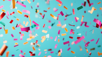 Obraz premium Colorful confetti falls against a bright blue background, perfect for celebrations and festive events.