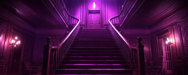 A staircase in a building with a purple hue. The staircase is very long and has a very dark color