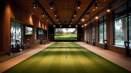 Modern indoor golf training facility with advanced simulation technology, featuring golf clubs, multiple screens displaying golf courses, and a putting green.