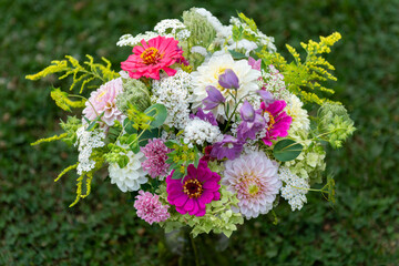 Summer bouquet top view.  Beautiful multi colored fresh flower arrangement. Birthday weddding...