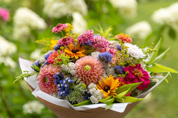 Summer bouquet. Beautiful multi colored fresh flower arrangement. Birthday bouquet made of summer...