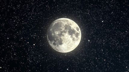 A picture shows a moon shining brightly in the night sky, with lots of tiny stars around it.