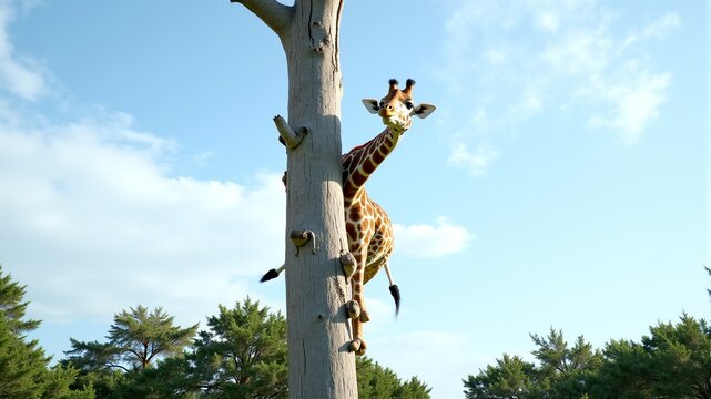 Funny giraffe climbed a tree