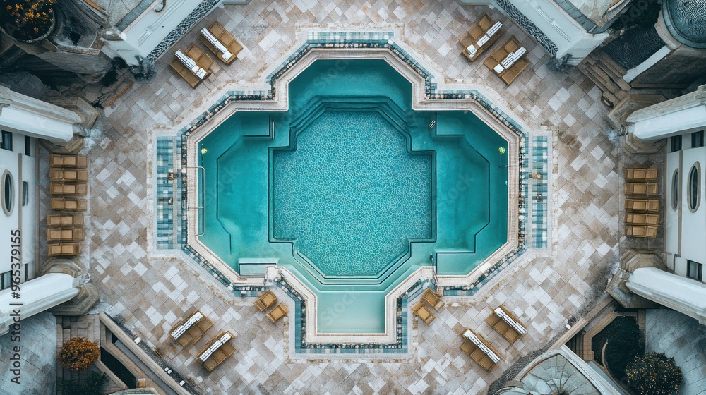 Poster aerial view of an octagonal pool surrounded by lounge chairs
