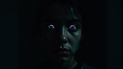 Portrait of a woman in the dark with bright blue glowing eyes
