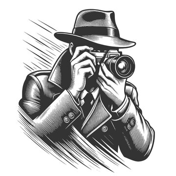 recommend clip art: spy paparazzi detective photographer, classic noir style sketch engraving generative ai fictional character raster illustration. Scratch board imitation. Black and white image.