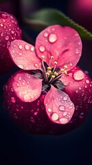 Fototapeta premium Dew-Covered Pink Flower with Yellow Stamens