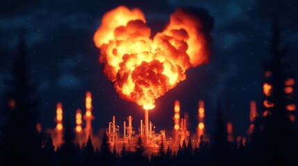 Holographic Emergency Response: Oil Refinery Explosion in Dark Night Scene - with Glowing Warnings and Copy Space