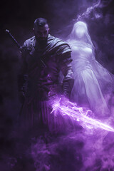 Fototapeta premium A strong looking mage in his thirties with a short beard, wielding a short sword glowing with dark purple energy