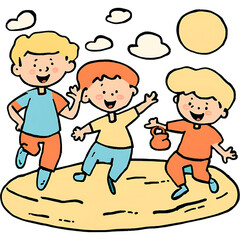 Cartoon family of mom and son walking on the beach, children playing with a ball