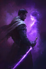 Obraz premium A strong looking mage in his thirties with a short beard, wielding a short sword glowing with dark purple energy
