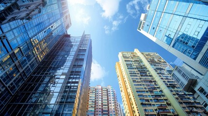 Fototapeta premium Modern skyscrapers at dusk. Low angle view of modern skyscrapers at dusk with lights shining, creating a sense of power and ambition