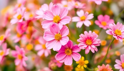 Bouquet of pink and yellow chrysanthemums with a soft, blurred background.