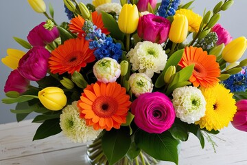 Fototapeta premium Vibrant Spring Flower Bouquet with Colorful Arrangements and Cheerful Blooms