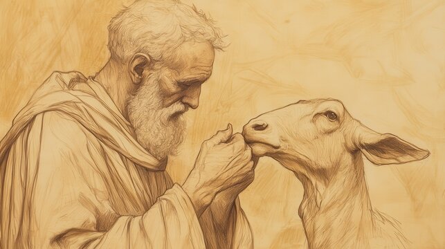 Leviticus Ritual: Close-Up of Priest Checking Animal for Blemishes Before Offering, Biblical Illustration, Bible Wall Art, Beige Background