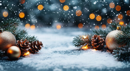 Snowy Christmas background with fir branches and pine cone and warm lights and snowing effect