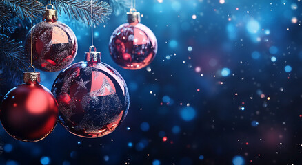 Close up of a christmas red balls decorations and christmas tree branches background with snow and warm twinkle lights