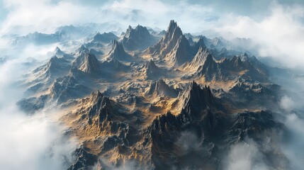 Fototapeta premium 90-degree top view of a floating island, arid and mountainous, photorealistic, with jagged peaks and dry valleys, as seen from a high-altitude plane