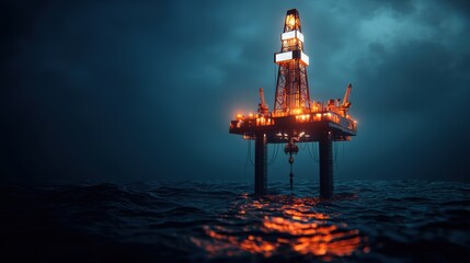 Obraz premium Futuristic Holographic Oil Platform in Dark Oceanic Environment - Deepsea Drilling with Glowing Technology and Copy Space,