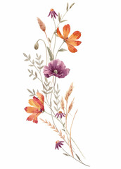Beautiful floral composition with watercolor hand drawn gentle autumn fall flowers. Stock floral illustration. Nature clip art.