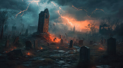 An ominous graveyard scene with zombies rising from the earth, their rotting bodies lit by flashes of lightning, surrounded by crumbling headstones and a dark sky.