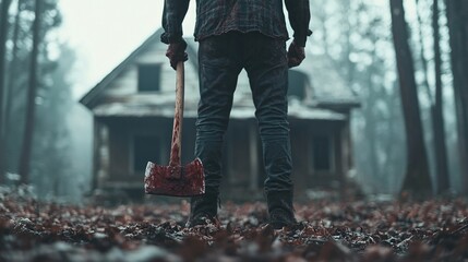 A Halloween lumberjack character, dressed in dark, tattered clothes, stands in front of an old, abandoned cabin in the woods, holding a bloody axe. The scene includes ample copy space for