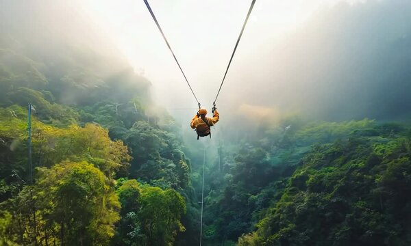 A family embarking on a thrilling zip-lining adventure through a dense forest canopy, feeling the rush of adrenaline with each descent. Video