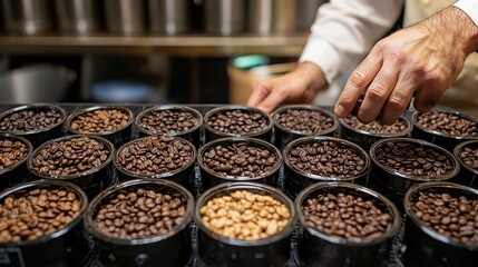 Professional coffee tasting, diverse coffee flavors and textures, close-up of tasting notes and coffee samples, expert evaluating aromas, sophisticated setup, focus on detailed flavor profiles,