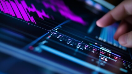 Podcast Editing Process, close-up screen with podcast editing software open, showing waveforms. The hand of the editor is in focus, adjusting audio levels with the rest of the room subtly out of focus