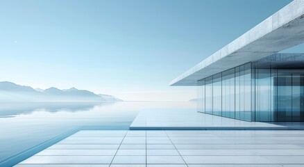 Obraz premium Minimalist Seashore Building with Glass and Concrete Architecture Generative AI
