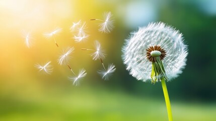 A dandelion blowing in the wind with a green background, AI