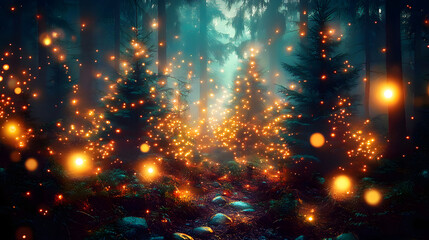 Naklejka premium Magical forest with christmas trees and glowing lights