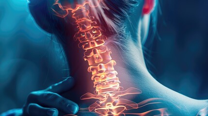 Woman with neck pain - highlighted part of the spine