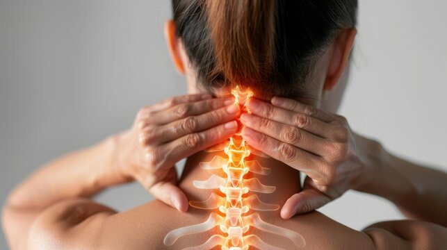 Woman with neck pain - highlighted part of the spine