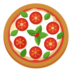 A delicious pizza with fresh tomatoes and basil on white