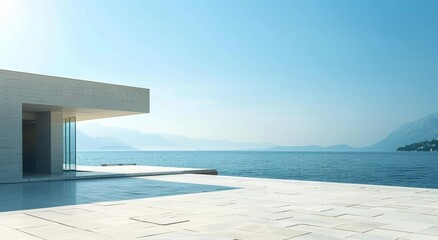 Fototapeta premium Modern Building with Outdoor Terrace Facing the Sea View Generative AI