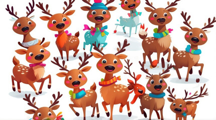 Naklejka premium Multiple cartoon reindeer in various poses and expressions