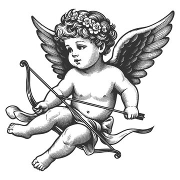 recommend clip art: Cupid cherub holding a bow and arrow, Love Valentines day symbol, themes of love and mythology sketch engraving generative ai raster illustration. Scratch board imitation. Black and white image.