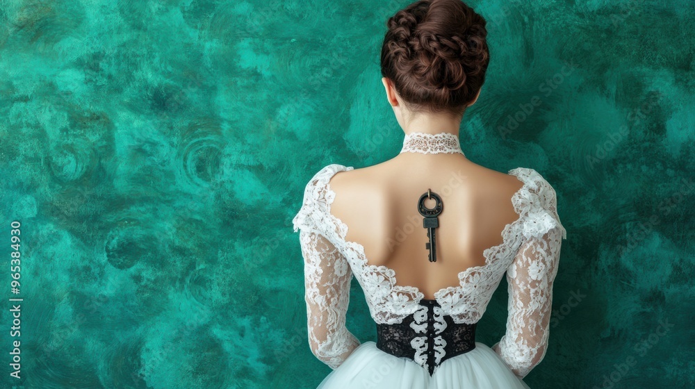 Canvas Prints A woman in a white dress with back tattoo of key, AI