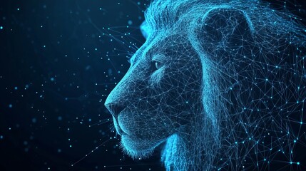 Abstract digital lion in polygons, lines and connected dots. King of beasts. Technology wild concept. Low Poly Wireframe 3D Vector illustration in blue 