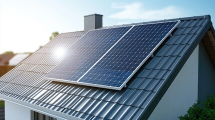 Obraz premium A home solar panel system installed on a modern roof, space for eco-friendly messaging.