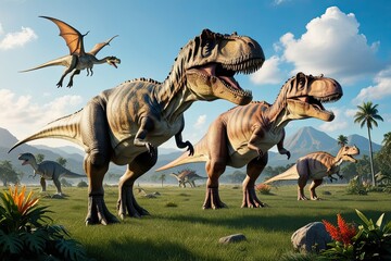 Fototapeta premium Dinosaurs Roaming the Mesozoic Era in a Vivid Landscape with Abundant Flora and Clear Skies
