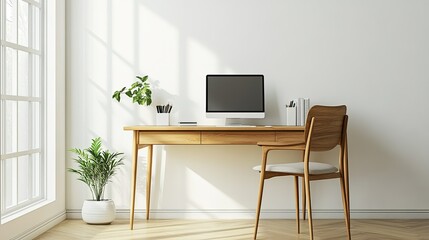 Fototapeta premium A minimalist home office setup with sustainable wooden furniture, space for copy.