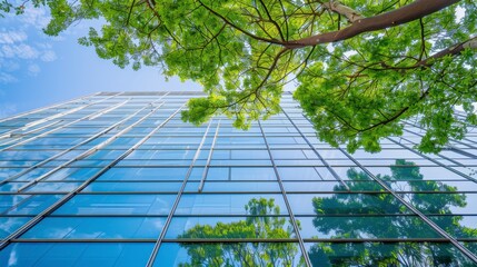 Modern office buildings with blue sky, Office with green environment. Corporate building reduce