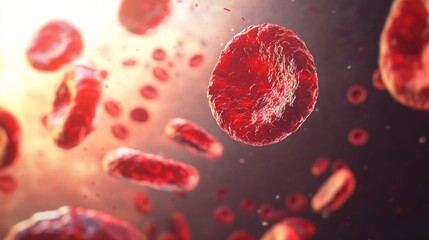 The image depicts a close-up, 3D illustration of red blood cells within the circulatory system, highlighting their biconcave disc shape essential for oxygen transport.
