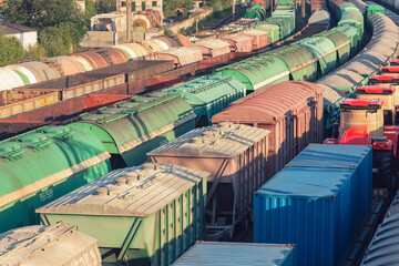 Freight trains hub. Business logistics and goods transportation concept