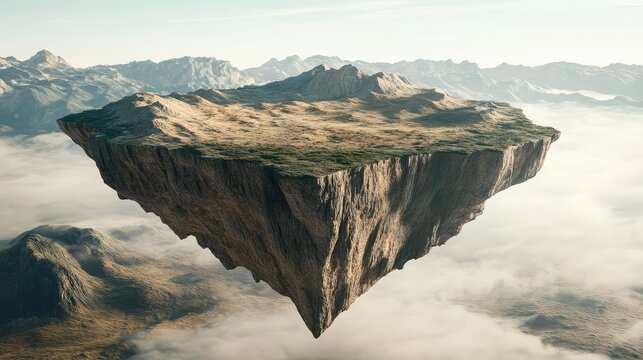 Photorealistic top view of a floating island, dry and mountainous, shot from high altitude with a 90-degree vertical camera angle, emphasizing the harsh environment