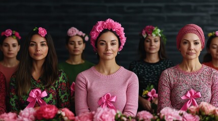 A group of women wearing pink ribbons and floral headpieces, symbolizing unity and support for breast cancer awareness and empowerment.